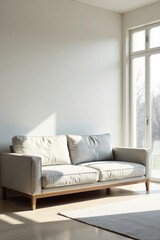 Fototapeta premium Serene Sunlight Illuminates a Light-Colored Sofa in a Minimalist Living Room Setting with a Large Window