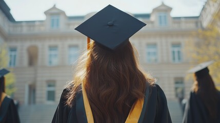 Rear view of university graduate wearing graduation gown and cap on graduation day.