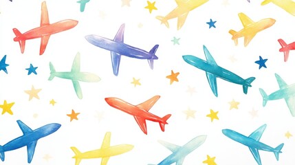39.Repeating pattern featuring airplanes in a rainbow of colors interspersed with yellow and blue stars, arranged on a clean white backdrop.