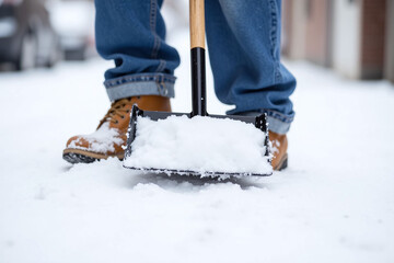 person shoveling snow from the sidewalk with a shovel