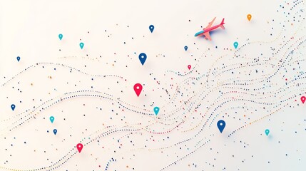 47.Airplane tracking theme with dotted flight paths curving and looping, colorful location pins, and small aircraft icons scattered across a minimal white background.