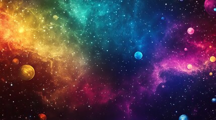 54.A vibrant space banner with multicolored stars and planets forming a dynamic celestial pattern, surrounded by a dark gradient backdrop and a blank text area.