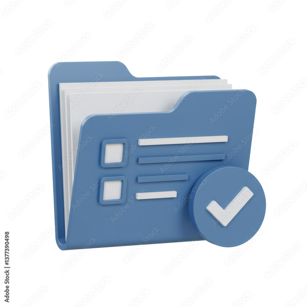Poster 3d style blue open file folder icon with checklist and checkmark