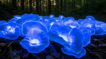 A dark enchanted forest illuminated by glowing blue bioluminescent mushrooms, casting an eerie yet magical glow
