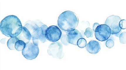 59.A whimsical arrangement of light blue watercolor bubbles in diverse sizes, with delicate shading and soft reflections against a bright white background.