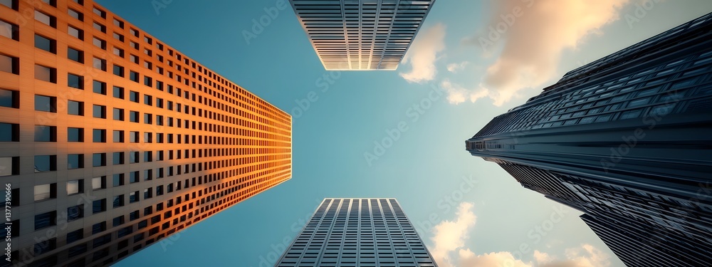 Poster towering glass and concrete skyscraper with a bold angular facade and striking interplay of light an