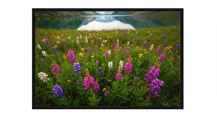 Vibrant Lupine Wildflowers Blooming Meadow Lake Mountain Scenery