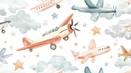 71.A dreamy seamless pattern of vintage airplanes and soft pastel clouds and stars, all painted in gentle watercolors, creating a serene design for childrenâ€™s fabric and textiles.