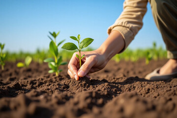 persons hand holding a young plant in a field