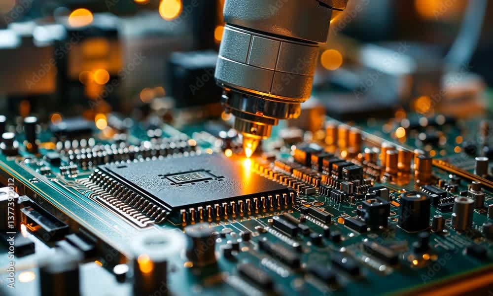 Poster close-up of a circuit board with a tool soldering electronic components, emphasizing technology's de