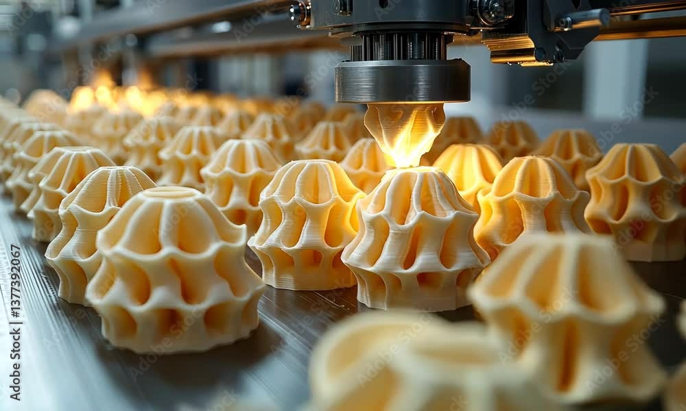 Poster 3d printing machine fabricating multiple intricate, abstract, organic-shaped components with precisi