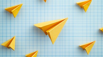 4.A playful composition of yellow paper airplanes in mid-flight over a realistic notebook backdrop, complete with grid lines and faint pencil markings.