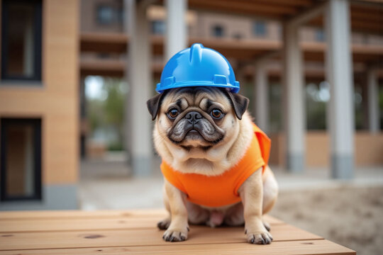 pug wearing a hard hat sitting on top of a table
