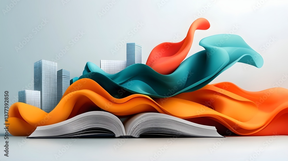 Poster vibrant dynamic data visualization ribbons pouring forth from an open book converging with a modern 