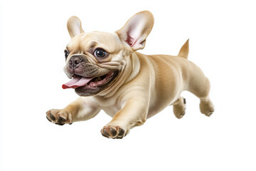 Energetic French Bulldog puppy with a beige coat and expressive face running playfully isolate on white background