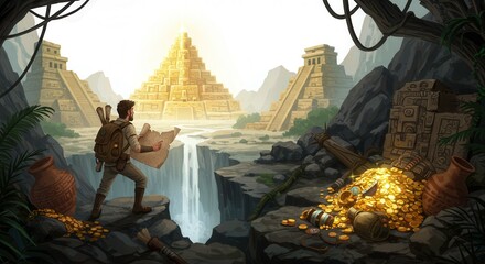 Adventurer Exploring Ancient Mayan Ruins Discovering Gold Treasure and Lost City
