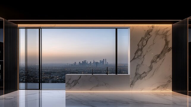 Modern penthouse reception area with city views