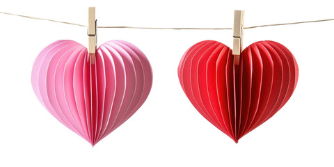 New Red and pink paper heart hang on a thread with clothespin, garland isolate on transparent background