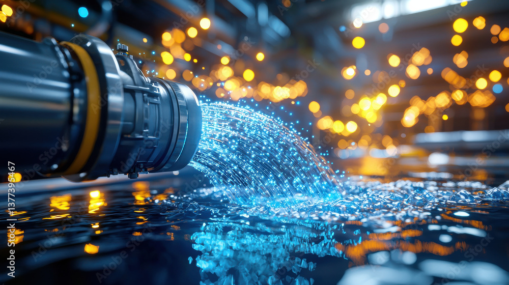 Poster futuristic scene of hydroelectric plant with glowing blue water flowing from pipe, surrounded by war