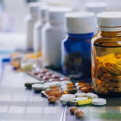 Pharmacy, Medicine and Research, pills and bottles