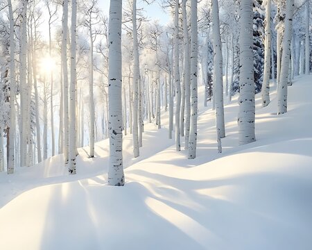 Sunlit Aspen Grove with Winter Snow.