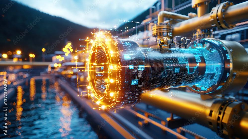 Aufkleber futuristic view of hydroelectric plant showcases advanced technology with glowing digital interfaces
