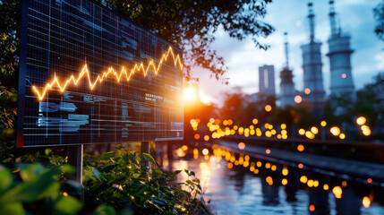 digital stock market chart with rising trend is displayed outdoors near riverbank, with blurred cityscape and industrial structures in background during sunset