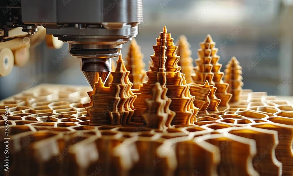 Poster a cnc machine crafting miniature architectural models from light brown layered material.