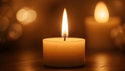 A close up of a lit candle with a bright flame illuminating the surrounding darkness and bokeh lights
