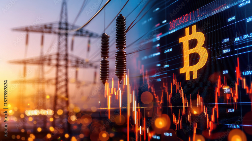 Leinwandbilder digital display with bitcoin symbol and fluctuating graphs is set against backdrop of power lines at
