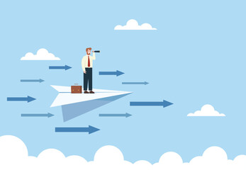 Obraz premium Businessman stands on paper plane looking through binoculars looking for new ways or new business challenges. Businessmen who are looking for opportunities to develop themselves. Vector illustration
