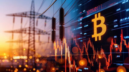 digital display with Bitcoin symbol and fluctuating graphs is set against backdrop of power lines at sunset, symbolizing energy consumption of cryptocurrency mining
