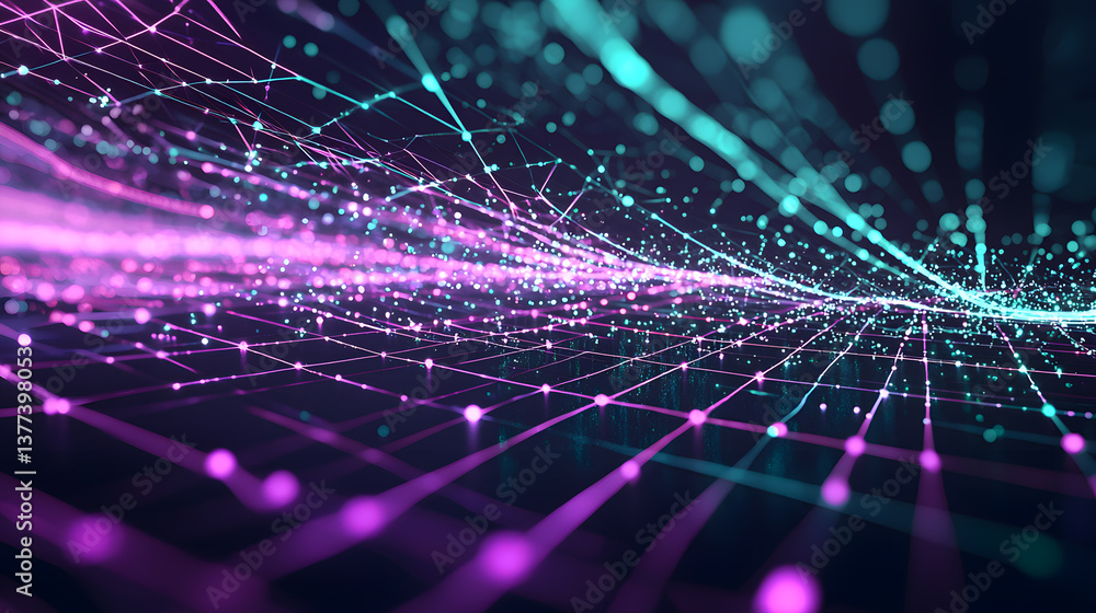 Poster abstract data flow representation in glowing lines digital wallpaper background technology environme