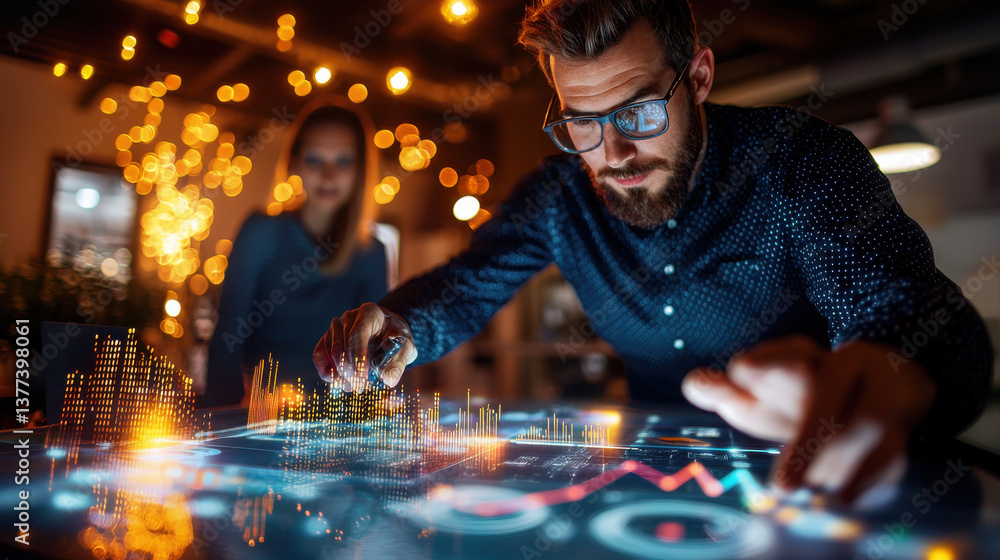 Aufkleber man in modern office interacts with digital interface displaying data visualizations, while colleague observes. setting is illuminated with warm lighting, creating focused atmosphere