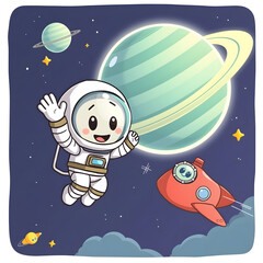 Naklejka premium With vibrant planets and stars all around, a capybara disguised as an astronaut floats weightlessly in space.