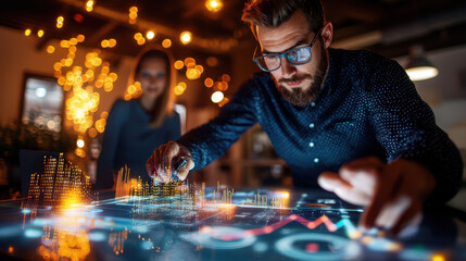 man in modern office interacts with digital interface displaying data visualizations, while colleague observes. setting is illuminated with warm lighting, creating focused atmosphere
