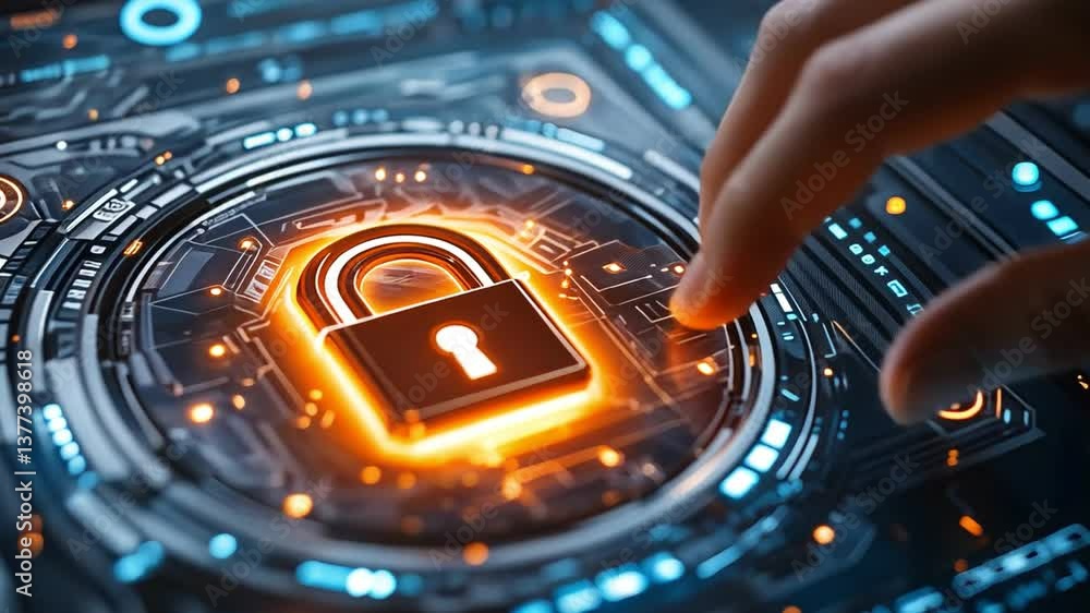Poster digital lock interface hand engaging with cybersecurity technology for enhanced protection and vibra