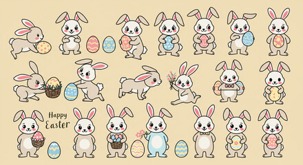 Obraz premium Adorable Easter bunnies playfully holding eggs and flowers, celebrating springtime joy in a charming pastel palette.