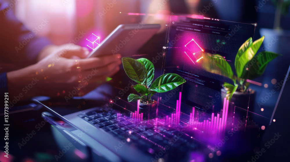 Aufkleber vibrant startup environment featuring person using tablet with laptop displaying digital graphs and 
