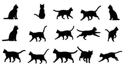 A captivating collection of elegant black cat silhouettes showcasing various poses and movements in a minimalist graphic design.