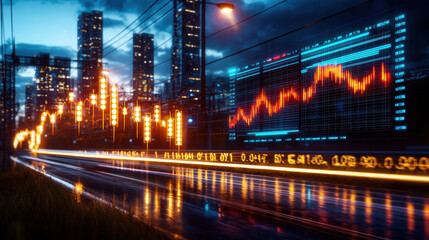 vibrant cityscape at night features glowing stock market graphs and data overlays, symbolizing digital energy and financial growth. Skyscrapers and power lines add industrial feel