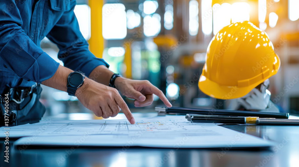 Poster two engineers in workshop are examining blueprints on table, with yellow hard hat and tools nearby, 