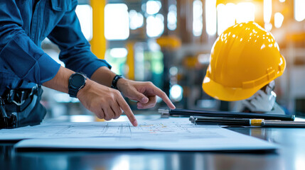 Two engineers in workshop are examining blueprints on table, with yellow hard hat and tools nearby, under bright industrial lighting