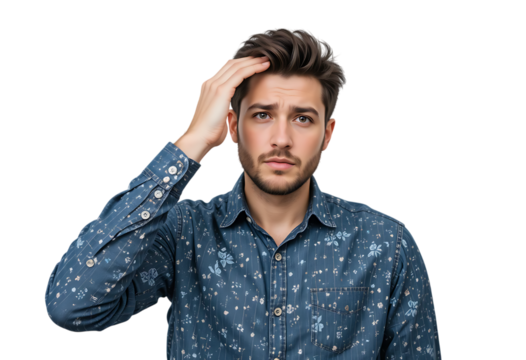Young Doubtful Man Thinking and Scratching Head isolated on transparent background