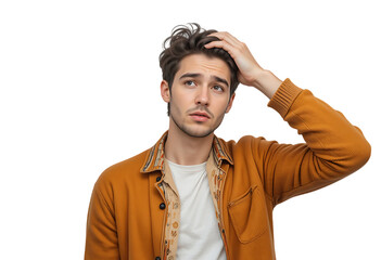 Young Doubtful Man Thinking and Scratching Head isolated on transparent background