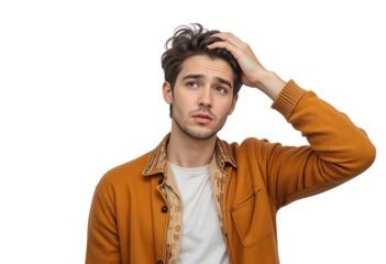 Young Doubtful Man Thinking and Scratching Head isolated on transparent background