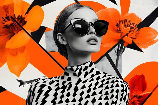A retro collage of vintage fashion and modern street art, featuring bold colors and patterns, with an edgy model wearing sunglasses and oversized , set against an abstract background