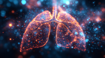 A futuristic depiction of chest and lung anatomy visualized through holography, showcasing advanced medical technology and innovative visualization methods in healthcare.

