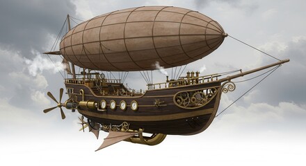 Naklejka premium Steampunk Airship Vintage Dirigible Clockwork Ship Fantasy Flying Machine