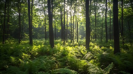 Obraz premium A dense forest floor covered in vibrant green ferns, soft diffused sunlight filtering through the canopy